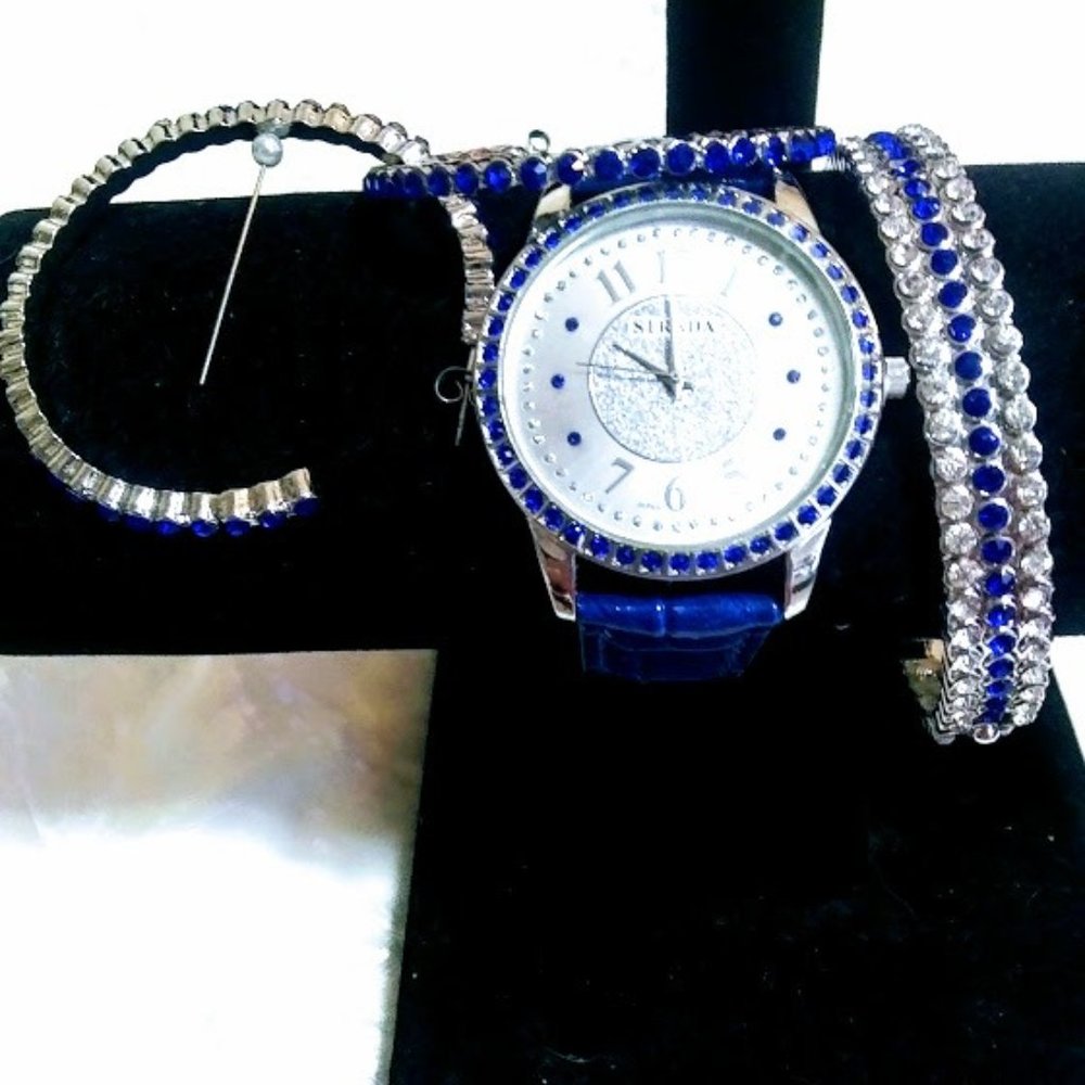 WATCH, BRACELET & HOOP EARRINGS SET*STRADA*BLUE BAND*BLUE AUSTRIAN CRYSTALS.